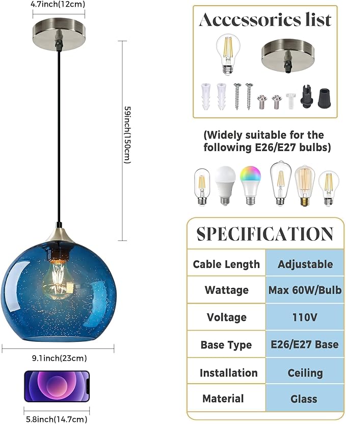 9.1in Large Blue Glass Pendant Light for Kitchen Island, 2-Pack with Extra LED Bulbs & 4.92ft Adjustable Cord | Modern Minimalist Lighting for Dining Room, Living Room, Entryway
