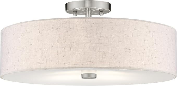 Livex Lighting 52136-91 Meridian Collection 4-Light Semi Flush Mount Ceiling Fixture with Oatmeal Color Fabric Hardback Drum Shade and Satin White Diffuser, Brushed Nickel