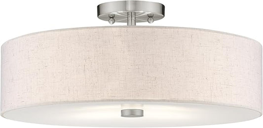 Livex Lighting 52136-91 Meridian Collection 4-Light Semi Flush Mount Ceiling Fixture with Oatmeal Color Fabric Hardback Drum Shade and Satin White Diffuser, Brushed Nickel