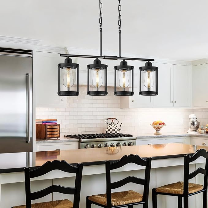 4-Light Kitchen Island Lighting, Black Linear Dining Room Light Fixtures with Clear Glass and Chain, Modern Farmhouse Chandelier Pendant Light for Kitchen Island Dining Room, OS-3014-4ISBK