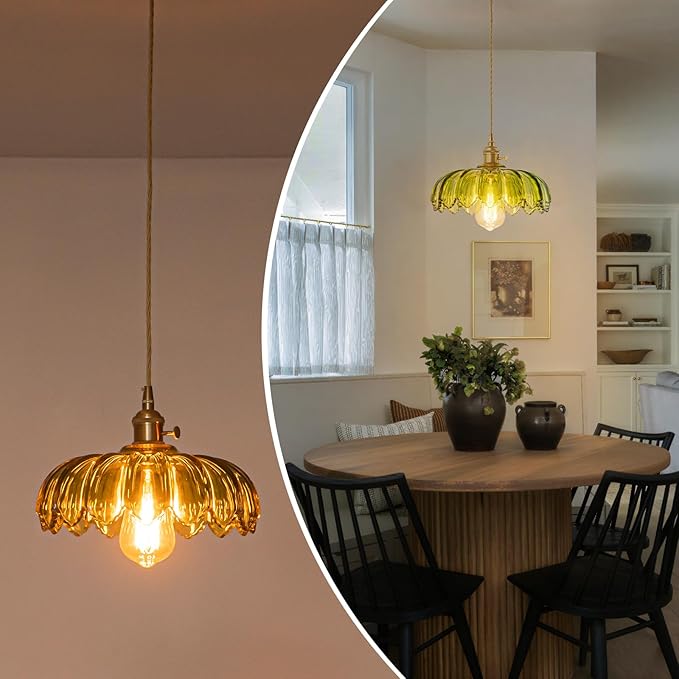 EDSILIVE Vintage Flower Glass Pendant Lights Kitchen Island 9.84" Antique Flower Green Glass Hanging Ceiling Light Fixture with Adjustable Brass Twine Wire for Dining Room Kitchen Table, Gold Green