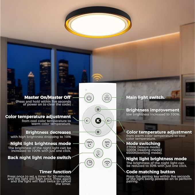 zemty 13in Morden Black LED Flush Mount Ceiling Lights with Remote, 3CCT/Dimmable, 24W 2400LM Light Fixture with Amber Night Light for Bedroom Bathroom Kitchen Basement-2 Pack