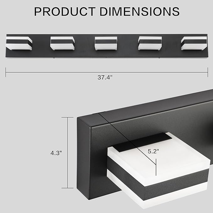 PRESDE 5-Light LED Vanity Light for Bathroom Matte Black Bathroom Light Fixtures Over Mirror Modern Bath Wall Lighting