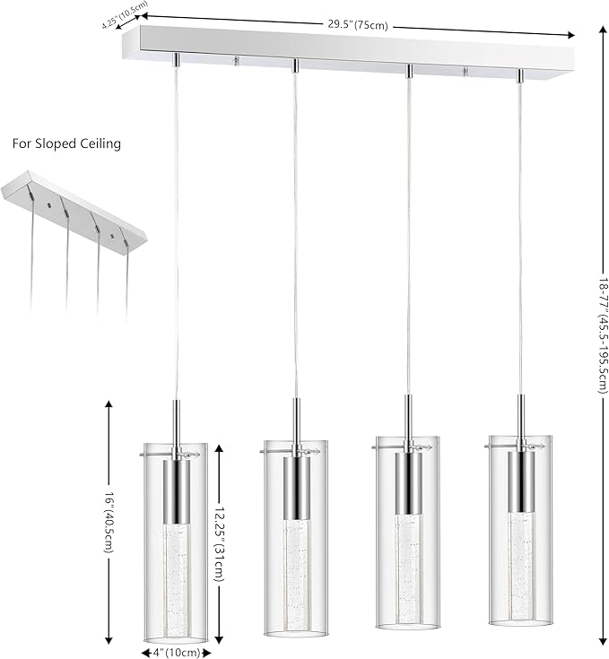JONATHAN Y 29.5" Chrome 4-Light Modern Integrated LED Linear Pendant Light, Clear Glass Shades, Glam Chandelier for Kitchen Island and Dining Room, Dimmable, Adjustable Height (JYL1706A)