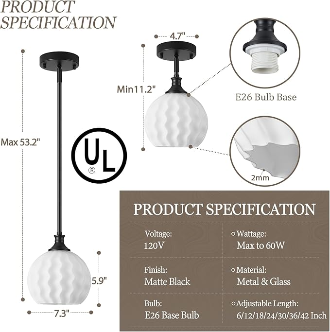 Black Pendant Lights Kitchen Island 2 Pack, 7.3" Modern Milk Glass Pendant Light Fixtures with Rods, Adjustable Height Hanging Lighting for Kitchen Sink Bathroom Dining Room