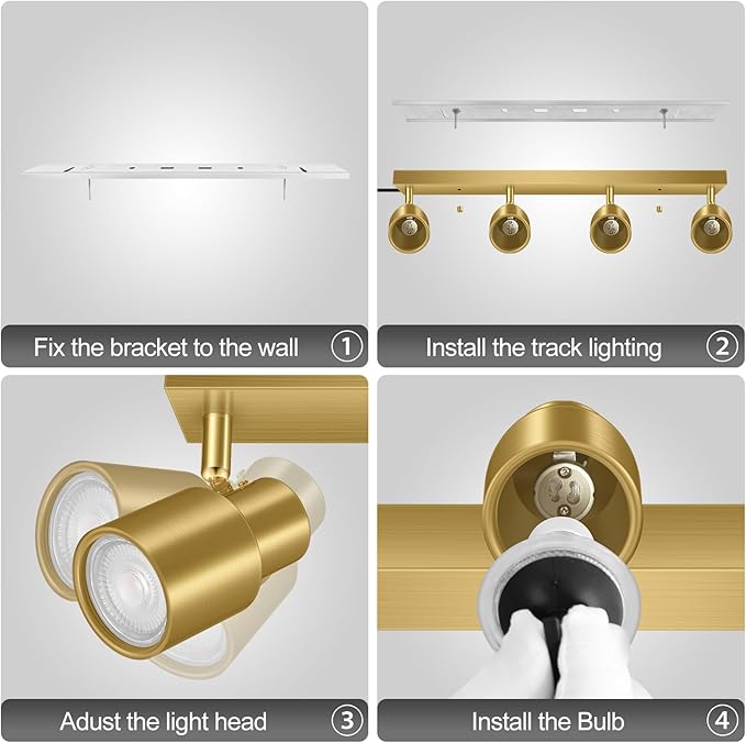 Plug in Track Lighting, 23" LED Track Light Fixtures Ceiling, Gold 4 Way Spotlight, Rotatable Light Head, Plug in Ceiling Light with Power Cord, Plug Wall Light for Kitchen Hallway Bar(GU10, NO Bulb)