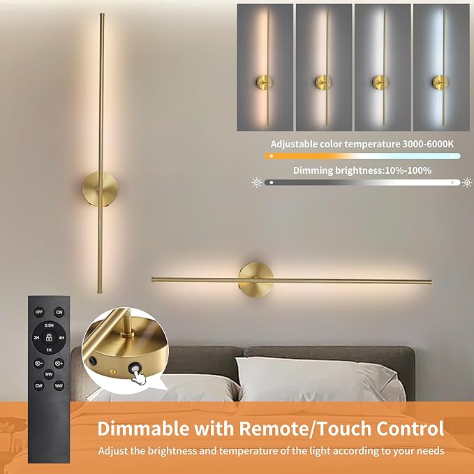 40" Gold Battery Operated Wall Sconces Set of Two Modern Rechargeable Wall Sconces with Remote Control LED Dimmable Wall Lights for Living Room Bedroom Hallway (2 Pack)