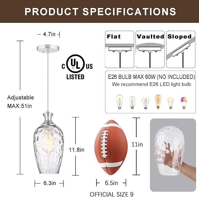 Glass Pendant Lights Kitchen Island, 1-Light Brushed Nickel Pendant Light Fixtures with Hand-Blown Clear Glass, Modern Farmhouse Hanging Light for Kitchen Sink Dining Room Bedroom, E26