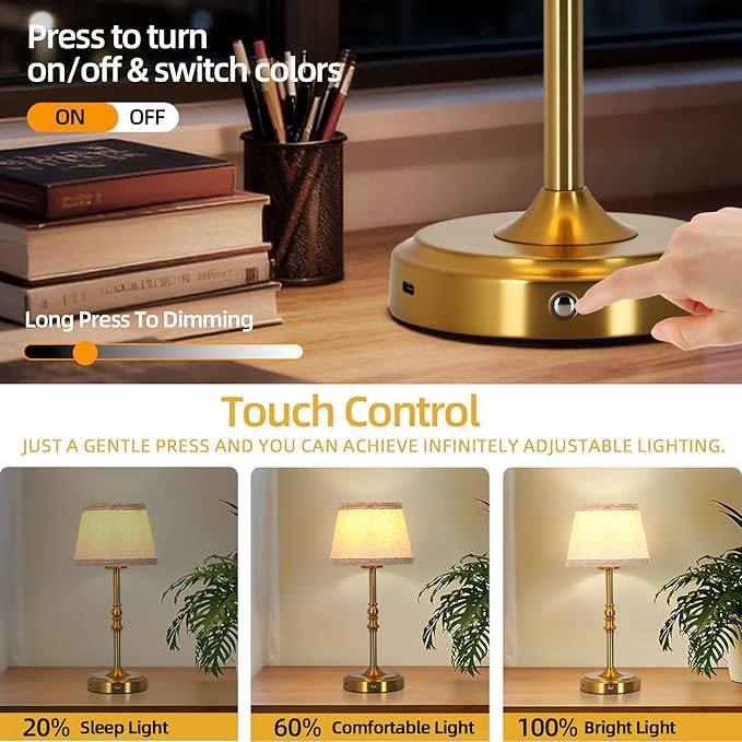 Small Gold Rechargeable Table Lamp,12-14 Inch Tall Vintage Style,Battery Powered Cordless Desk Lamp,Mini Touch Control Bedside Lamp,Warm Light 3000K for Nightstand Bedroom Counter Living Room-1 Pack