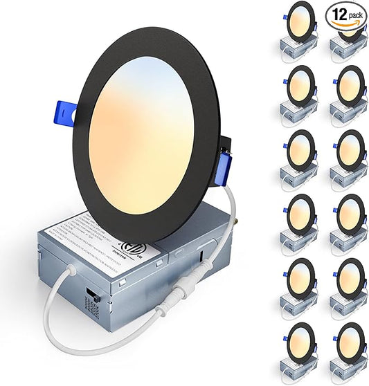 12 Pack 4 Inch 5CCT LED Recessed Light, Silm Canless Recessed Lighting, Dimmable, Damp Rated, 2700K-5000K Selectable, Wafer Ceiling Downlight with Junction Box, 750LM, 9W 120V, Black, ETL&FCC