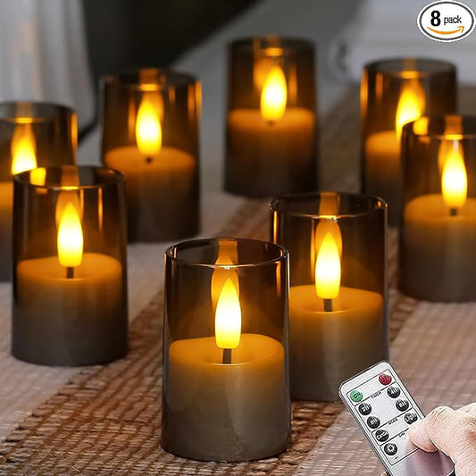 Flameless Small Tea Light LED Candles, Acrylic Battery Operated Votive 1.7" x2.5" with Remote Control and Timer, Tealight Grey Flickering Warm Light Pack of 8 Electric Long Lasting