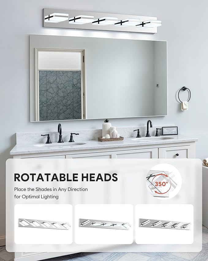 VONLUCE Bathroom Vanity Light Fixture, 5-Light Modern LED Vanity Light, 3CCT Adjustable Bathroom Lights with Memory Function Rotatable Shades, 34" Wall Lighting Fixture Over Mirror, Chrome