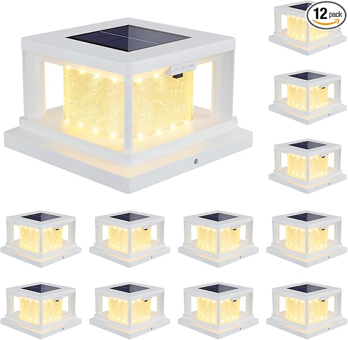 Mlambert 12 Pack Solar Post Lights Outdoor, 2 Modes LED Fence Cap Light for 4x4 Post, Waterproof Deck Light Patio Garden Decor, Warm/Cool White, White