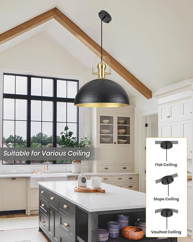 15.7 Inch Black Pendant Light 2 Pack, Hammered Industrial Pendant Lights，Adjustable Height, Large Dome Pendant Light Fixtures for Kitchen, Dining Room, Bedroom,Bar