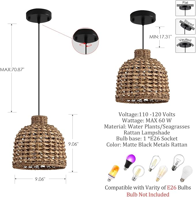 Mini Rattan Pendant Light Fixtures,9.06" Boho Pendant Light,3-Pack Hand Woven Seagrass Rattan Chandelier for Dining Living Bedroom Kitchen Farmhouse