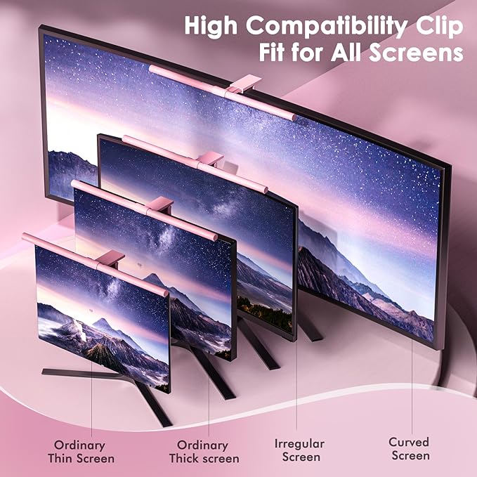 Quntis Pink Monitor Light Bar with Remote, Eye-Care No Glare, Space Saving Computer Desk Lamp As Gifts for Girls, Stepless Dimming, Modern Aesthetic Desk Light Bar for Home Office, Mother's Day