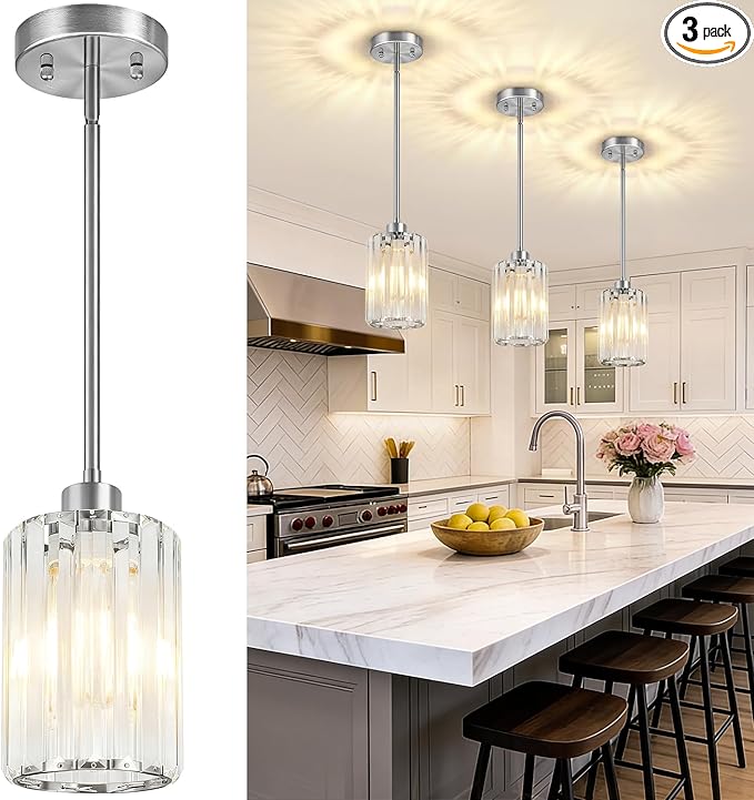 3 Pack Brushed Nickel Pendant Lights Kitchen Island, Modern Crystal Chandelier Kitchen Pendant Lighting Over Island, Adjustable Hanging Mini Light Fixtures for Dining Room Hallway Corridor Bedroom