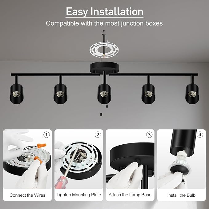Track Lighting, Track Lighting Fixtures Ceiling Kit, Black Ceiling Lights for Kitchen, 30" Ceiling Spotlight, 5 Light Ceiling Spotlight with Rotatable Heads, Modern Wall Lighting(GU10 Socket, NO Bulb)