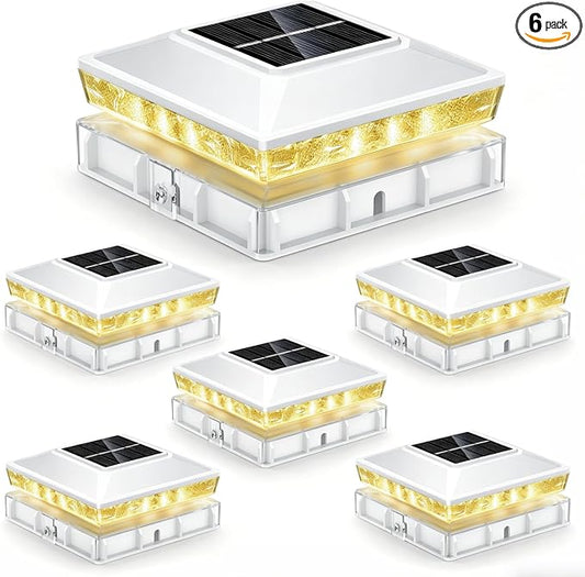 Solar Post Cap Lights 6 Pack, IP65 Waterproof Outdoor Fence Post Solar Lights for 3.5x3.5 & 4x4 Wood/Vinyl Posts, 10-12 Hours Upgraded Warm/Cool White Glow for Garden/Patio/Porch - White
