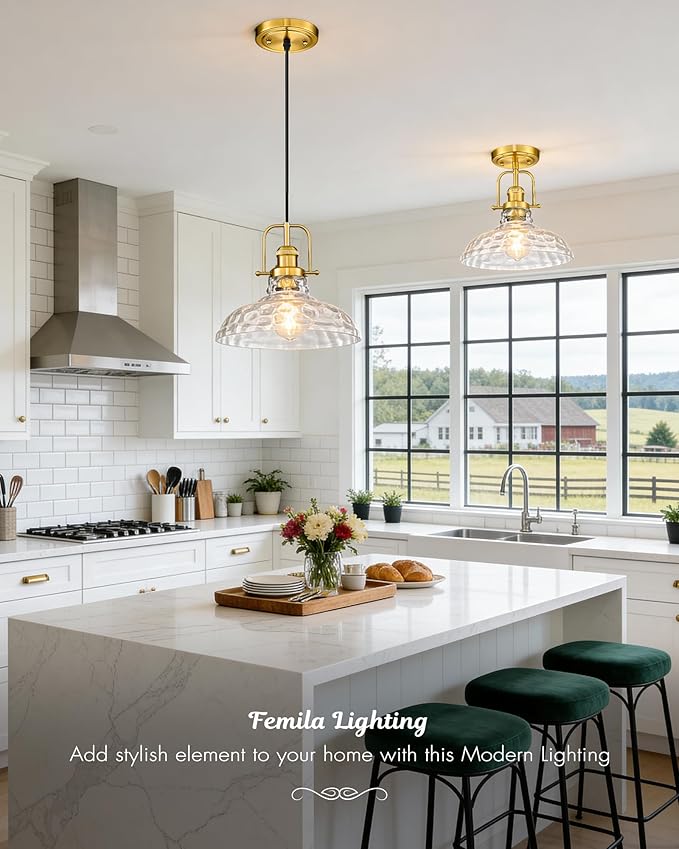 FEMILA 11" Modern Kitchen Pendant Lighting Over Island, Farmhouse Gold Pendant Light, Adjustable Height, Brushed Gold Finish, 4FY09-MP BG-WG