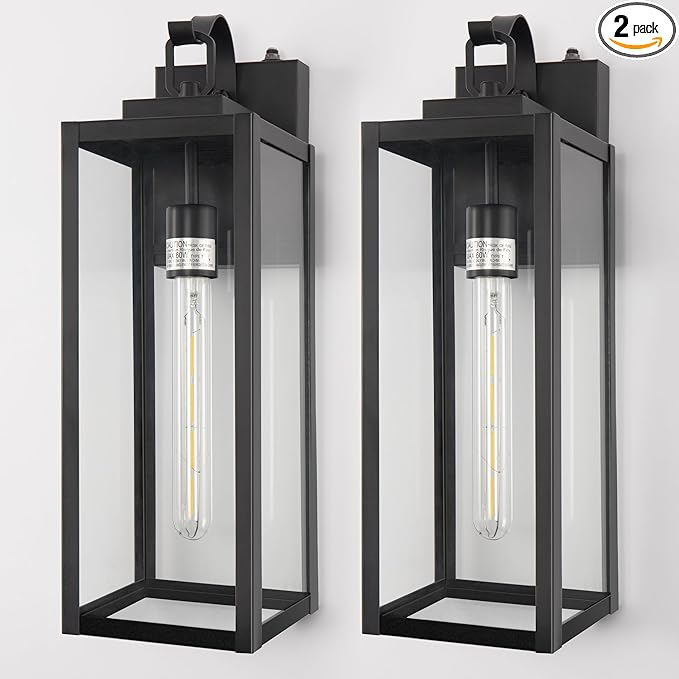 DORESshop 18 Inch Large Size Dusk to Dawn Outdoor Wall Lights, Matte Black Waterproof Anti-Rust Outdoor Light Fixtures Wall Mount with Clear Glass Shade for Porch, Garage, Doorway, 2 Pack