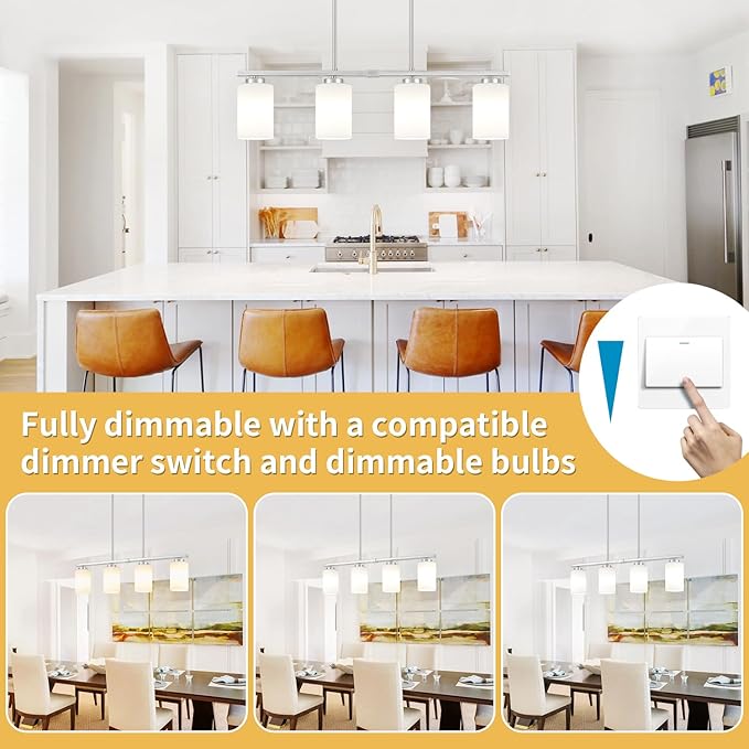 Brushed Nickel Island Lights for Kitchen, 4-Light Dining Room Light Fixtures Modern Linear Chandeliers Over Table White Frosted Glass Adjustable Hanging Lights Kitchen Pendant Lighting Over Island