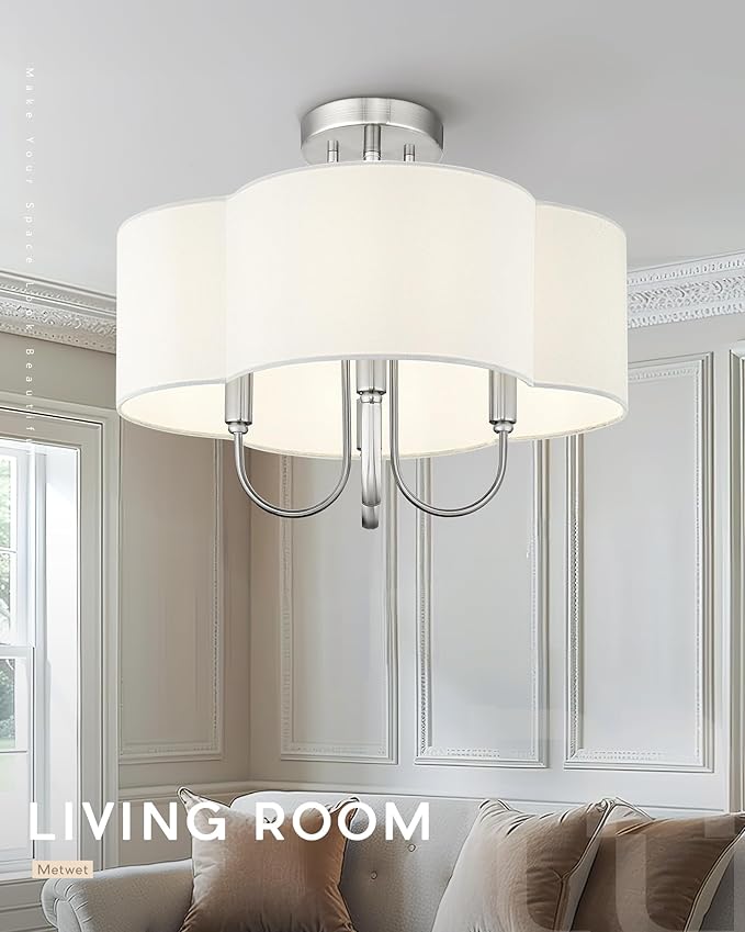 4-Light Semi Flush Mount Ceiling Light, 18" Vintage Light Fixtures Ceiling Mount with Fabric Shade in Quatrefoil for Kitchen Entryway Hallway Bedroom, Brushed Nickel, SM179-BN-L