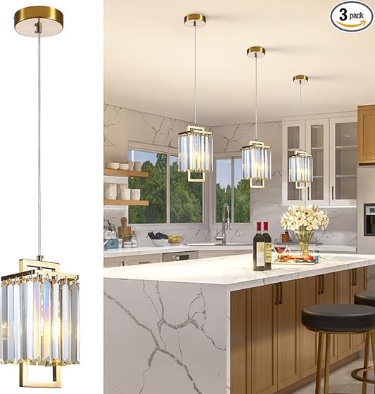 Modern Crystal Pendant Light Fixture 3-Pack Gold Stainless Steel Hanging Lighting Crystal Chandelier for Kitchen Island Lving Room Bedroom