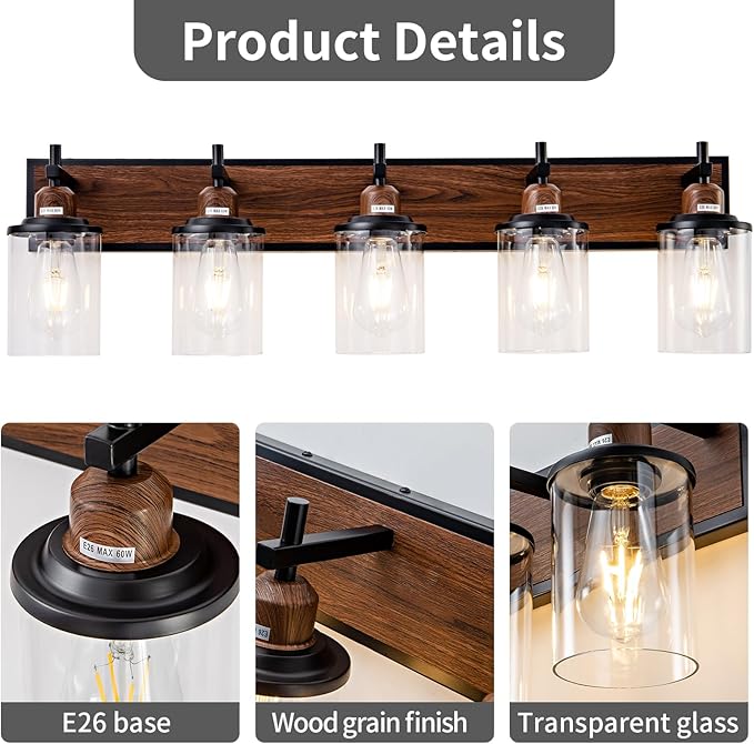 Lanhall 5-Light Farmhouse Bathroom Light Fixtures Vintage Bathroom Vanity Lights Over Mirror Black and Wood Painted Metal Vanity Light for Bathroom with Glass Shades E26 Socket