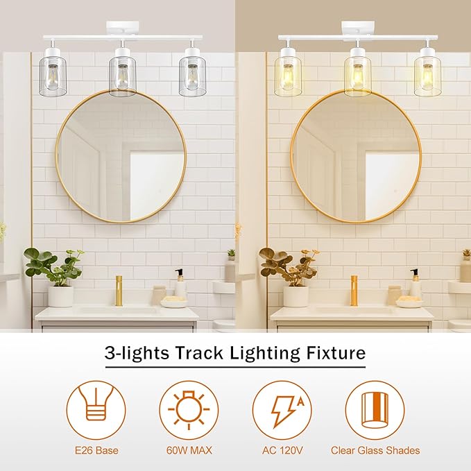 BoostArea White LED 3 Light Track Lighting Kit, 3 Way Ceiling Spot Lighting with Glass Lampshade, Flexibly Rotatable Light Head for Kitchen, Living Room, Bedroom, Bulb Not Included