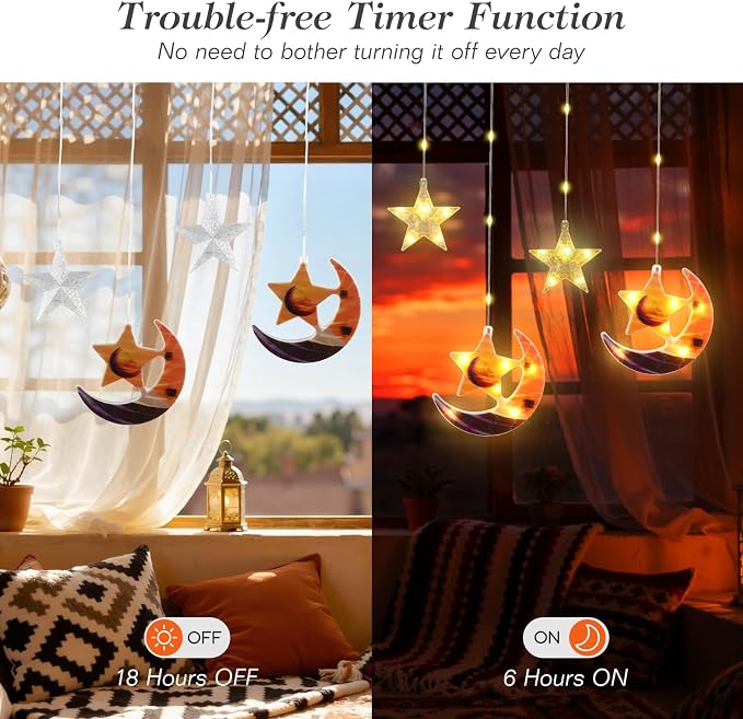 Lewondr Ramadan Curtain String Lights, 138 LED Moon Star Fairy Lights with 6H Timer, 8 Modes, Remote Control, USB Powered Curtain String Light, Eid Mubarak Decorations for Ramadan Home Decorations
