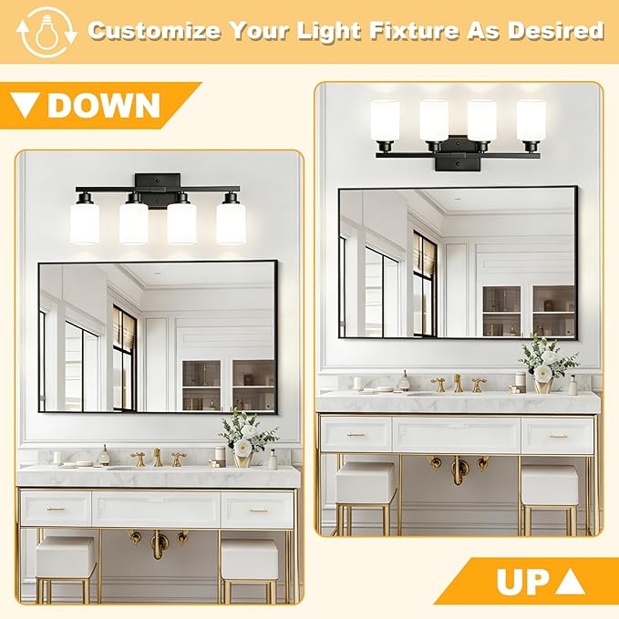 Unicozin 4-Light Bathroom Light Fixtures, Modern Black Vanity Light Over Mirror, Wall Sconces with Milky White Glass Shades for Living Room Bedroom Hallway E26 Base