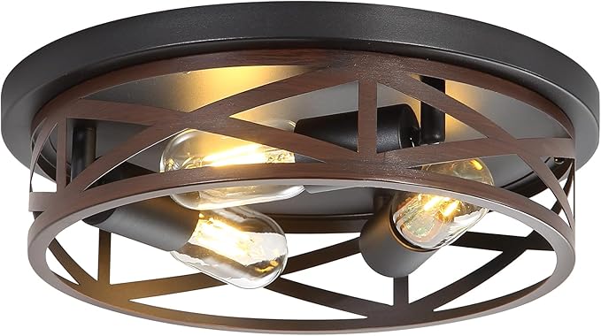 13 Inch Farmhouse Close to Ceiling Lights, Wood Finish Metal Cage Flush Mount Ceiling Light 3-Lights, Black Industrial Semi Flush Mount Ceiling Light for House Hallway Kitchen Bedroom