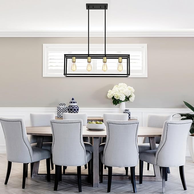 Yusist 4-Light Dining Room Light Fixture,Black Farmhouse Kitchen Island Lighting,Rustic Pendant Light Over Table with Adjustable Rods,Modern Linear Chandeliers for Dining Room Kitchen Island