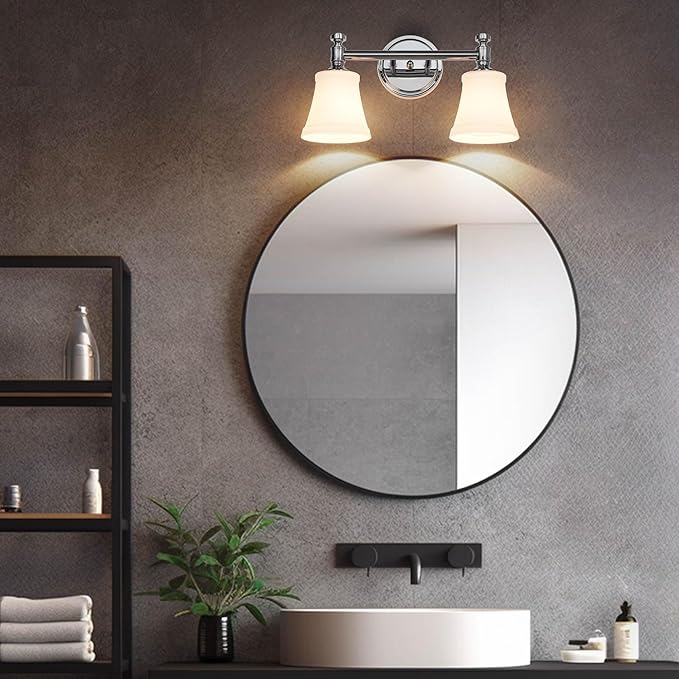 Bathroom Vanity Light Fixtures, Traditional Chrome 2 Lights Wall Sconce Lighting with Opal Glass Shade, Porch Wall Mount Light Fixture for Bathroom, Mirror Cabinets Hallway Stairs