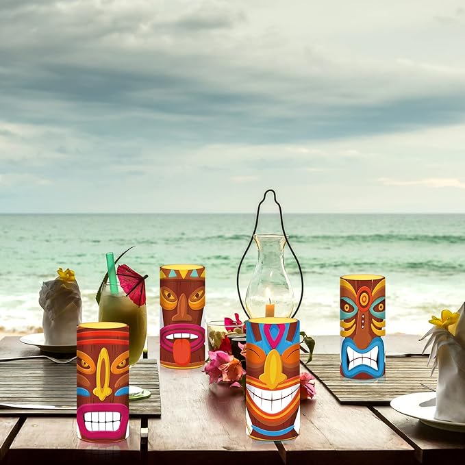 Tiamon Tribal Tiki Flameless Candles Led Hawaiian Battery Operated Luau Flickering Candles with 18-Key Remote Timer Pillar for Summer Holiday Tiki Bar Party Table Decorations