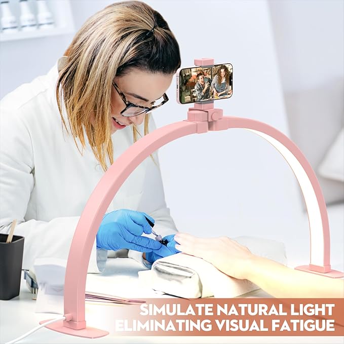 SLYFTE Professional Large Half Moon LED Light for Nail Desk with Phone Holder, Foldable Arch Light for Nail Techs Perfect for Manicure Handicraft Lighting Lamp (Pink, Large)