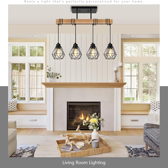 4-Lights Farmhouse Wood Kitchen Island Lighting, 23.6'' Dining Room Light Fixtures Chandelier Over Table, Rustic Black Cage Pendant Lights Ceiling Hanging for Pool Table, Living Room, Hallway