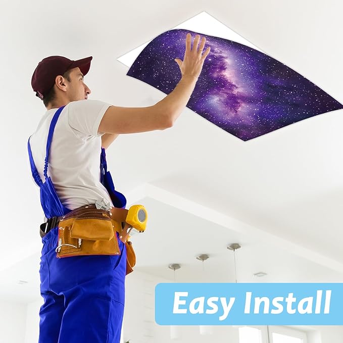 Wiooffen 8Pcs Fluorescent Light Covers for Classroom Ceiling Light 4x2Ft Magnetic Lights Covers Filter Easy Install for Office School Hospitals Ceiling Supply(Purple Starry Sky, White Cloud)