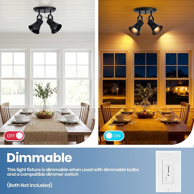 SEEBLEN Black Kitchen Lighting Fixtures Ceiling, 2-Light Adjustable Track Light, Flush Mount Directional Ceiling Light for Hallway, Dining Room, Bathroom