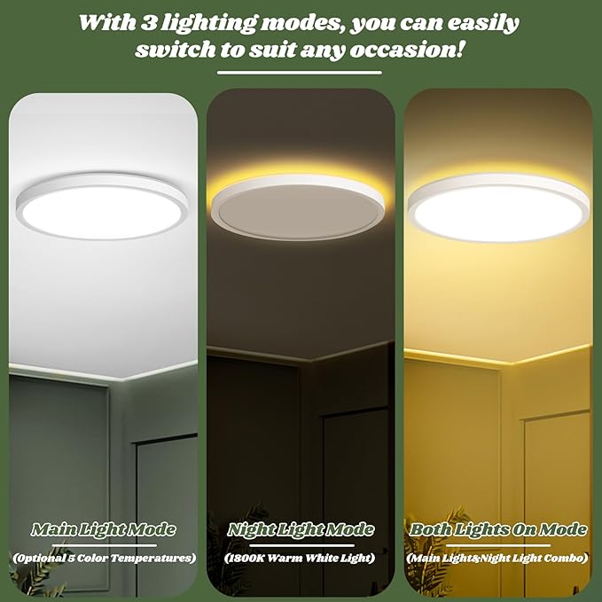 Brightever 15 Inch Large LED Ceiling Light Fixture with Night Light, 5CCT Dimmable Ceiling Lamp Flush Mount, 30W 3000LM, 2700K/3000K/4000K/5000K/6500K Adjusted Round LED Light for Porch, 1 Pack
