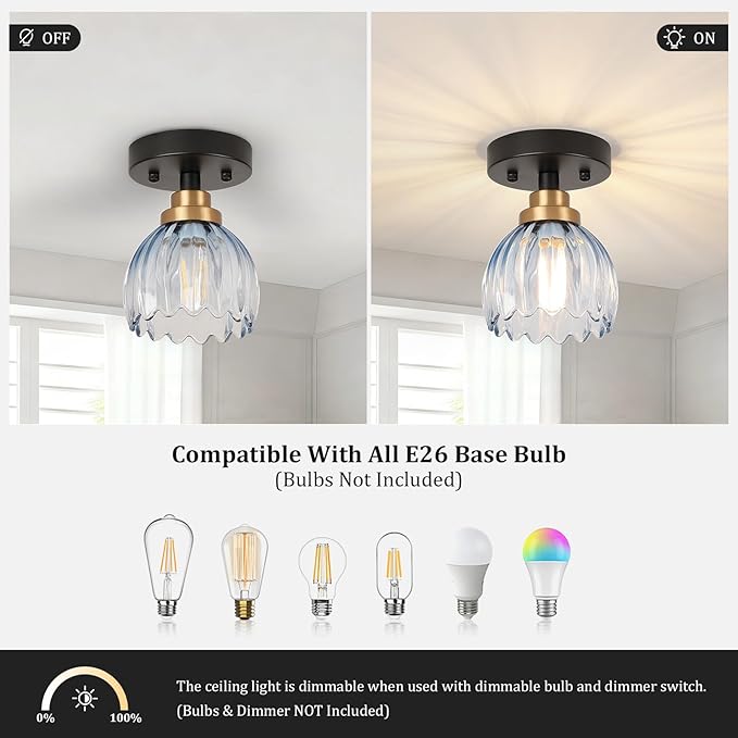 TALOYA Semi Flush Mount Ceiling Light, Close to Ceiling Light Fixtures with Blue Tulip Glass Shades Modern Farmhouse Lighting Fixtures for Hallway Corridor Kitchen Bathroom Bedroom Passway