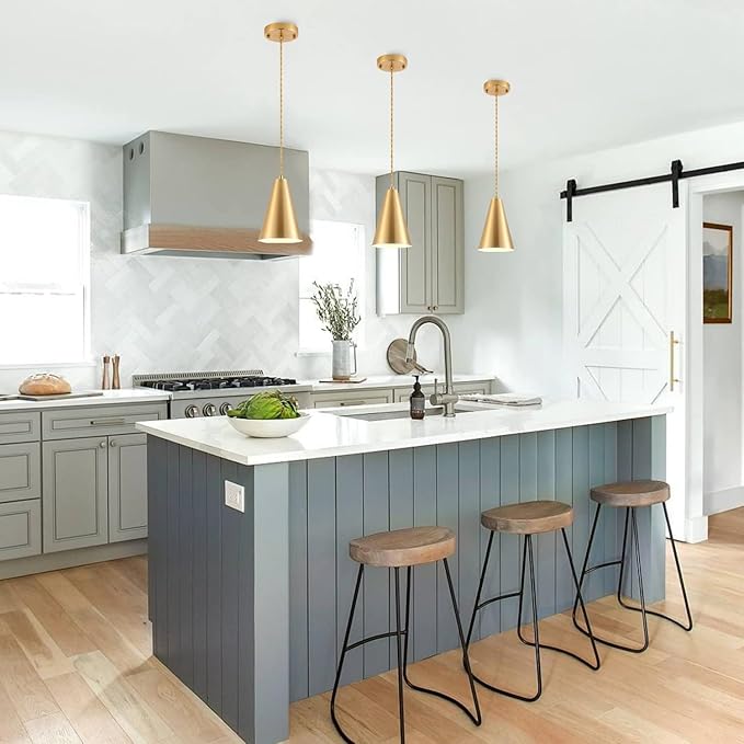 Gold Pendant Lights, 3 Pack Vintage Farmhouse Hanging Lamp Modern Brass Rustic Pendant Lighting Fixtures for Kitchen Island Dining Room Bedroom Hallway