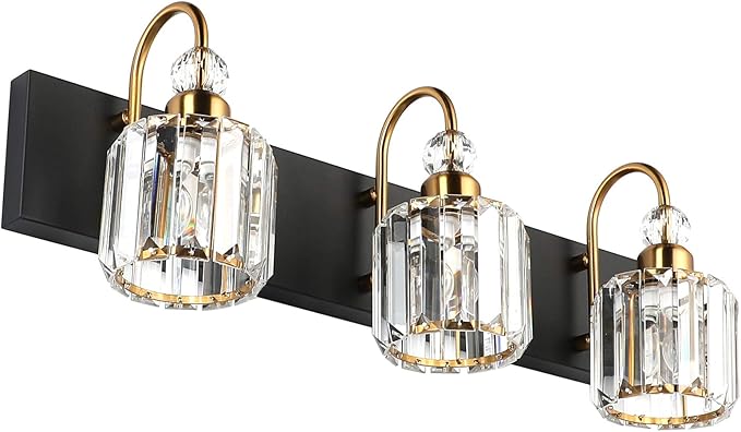 Ralbay Modern Bathroom Vanity Light Fixture, 3-Lights, Black Metal & Crystal, HJ-8600-3T