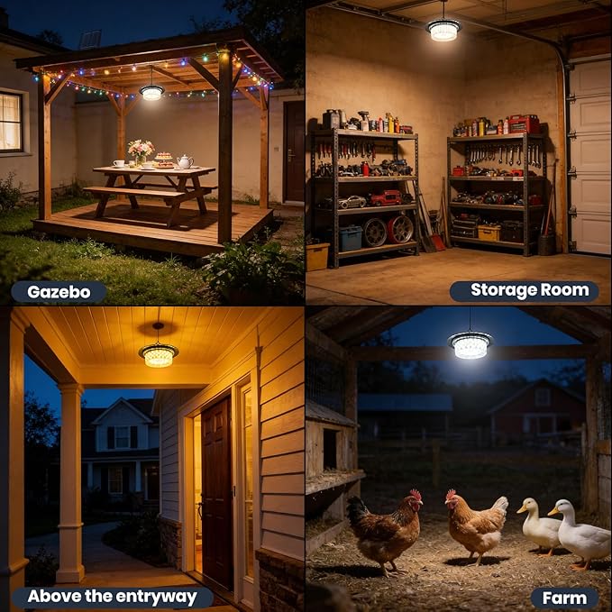 Solar Shed Light Indoor Outdoor, Upgrade Pendant Light 244 LED Three Colors 360° Lighting with Motion Sensor, Waterproof Solar Lights with 3 Modes, Remote & Timer for Shed Gazebo Garage Barn