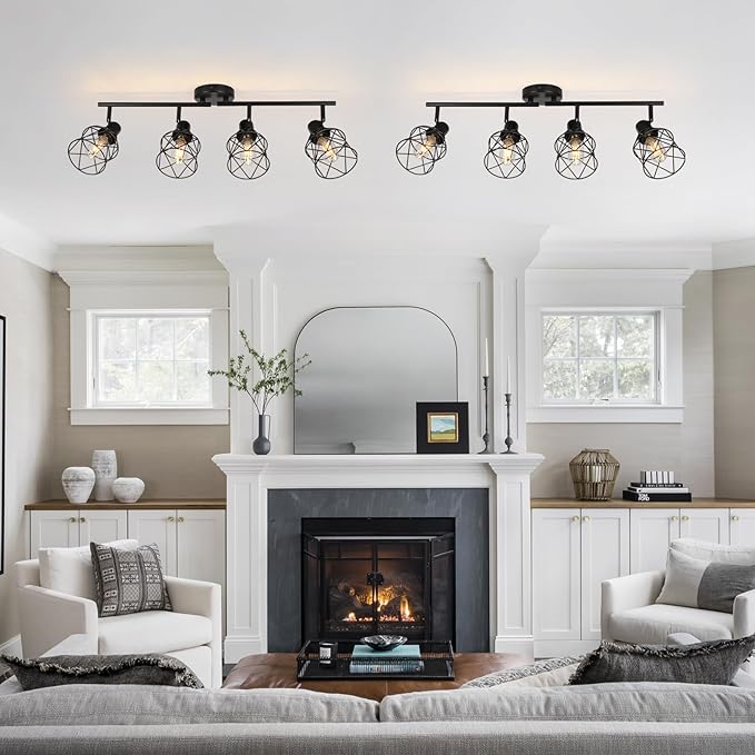 WILON Track Lighting Fixtures Ceiling 4-Light Flush Mount Ceiling Spot Lights, Industrial Track Light Black Kitchen Light Fixtures Rotatable Spotlight for Kitchen Hallway Living Room (E26 Base)