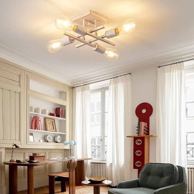 Industrial 4-Light Semi Flush Mount Ceiling Light Fixture, Modern White Gold Chandelier Lighting, Farmhouse Sputnik Ceiling Lamp, E26 Base Pendant Lamps
