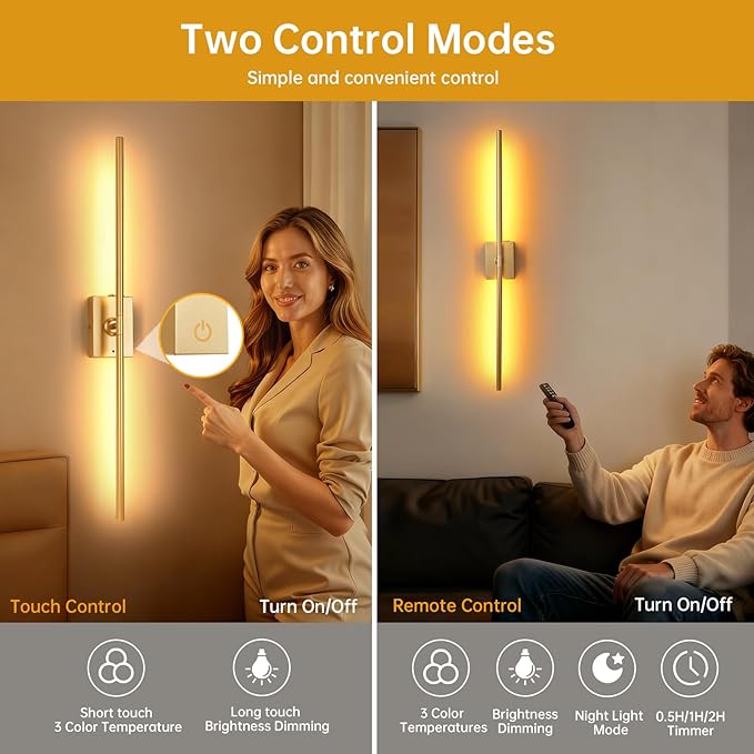 Shenmoyl Battery Operated Wall Sconce Set of 2, 10000mAh Rechargeable Wall Sconces with Detachable Battery, Indoor 350°Rotate Wall Lights for Bedroom Living Room, Gold, 31.5 Inch