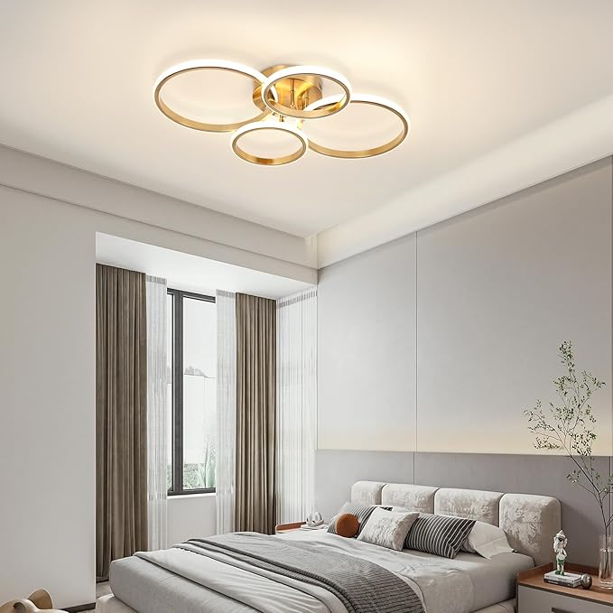 Dimmable Modern LED Ceiling Light, 4 Rings 3000K-6000K LED Gold Close to Ceiling Light, Flush Mount Ceiling Lights Fixture for Bedroom, Kitchen, Laundry Room,Office