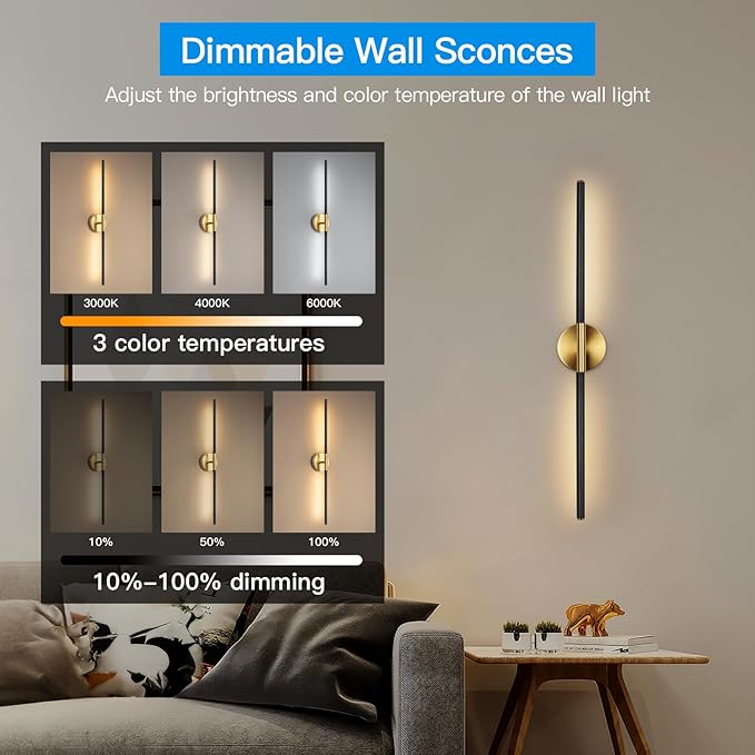 Battery Operated Wall Sconces Set of Two, 360°Rotate Wireless Wall Sconces with Remote Control Dimmable Timing, Black Gold Rechargeable Modern Decor Lights for Hallway Living Room, 31.5 Inch